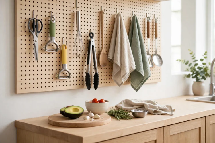 Pegboard wall with hooks holding kitchen tools and towels