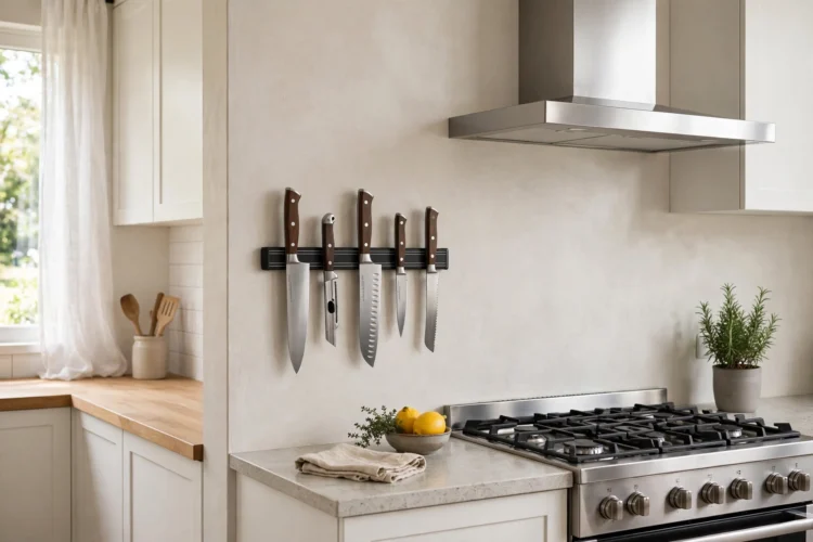 Magnetic knife strip mounted on a kitchen wall