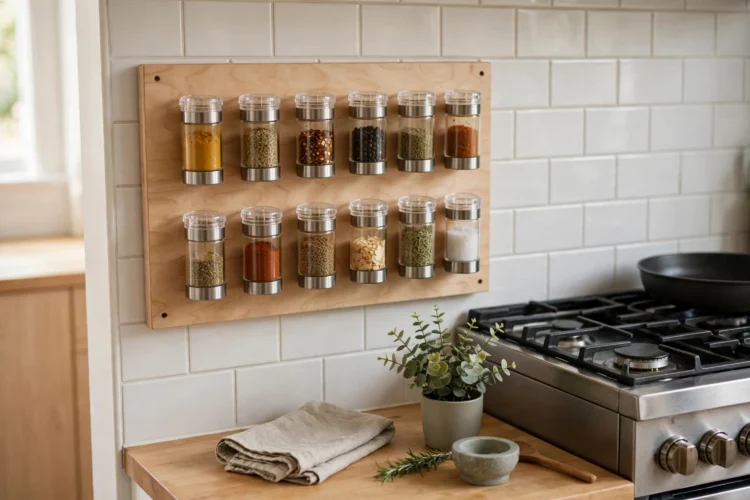Magnetic spice jars on a board beside the stove