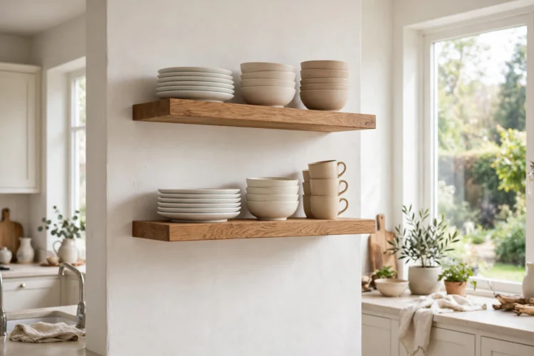 Two floating shelves with plates and mugs in a kitchen