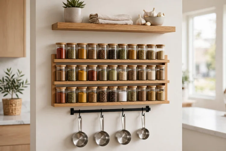 Wall mounted spice rack with a rail under a kitchen shelf