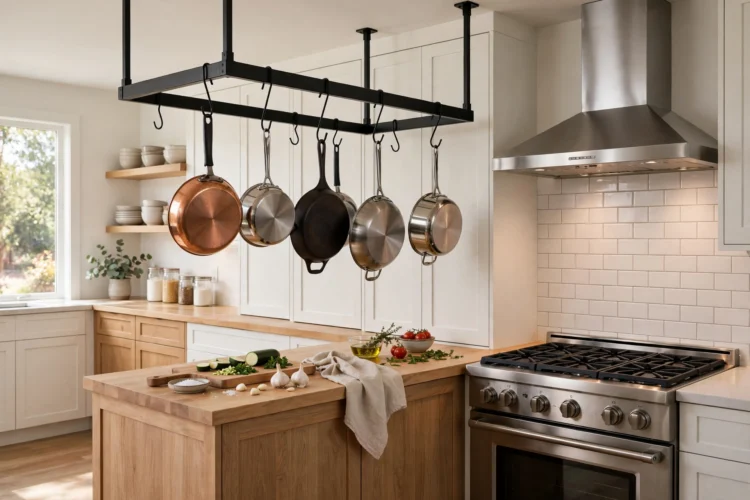 Pot rail hanging pans over a kitchen prep zone