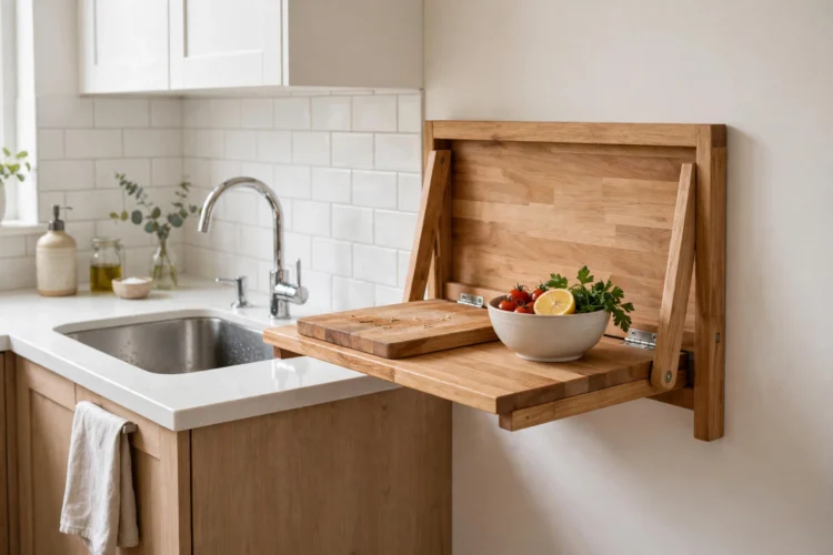 Fold-down wall shelf in a kitchen near the sink