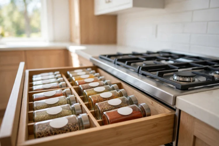 Drawer insert with spice jars lying flat, labels facing up