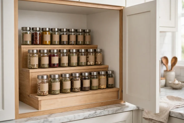 Tiered riser with spice jars arranged in stepped rows