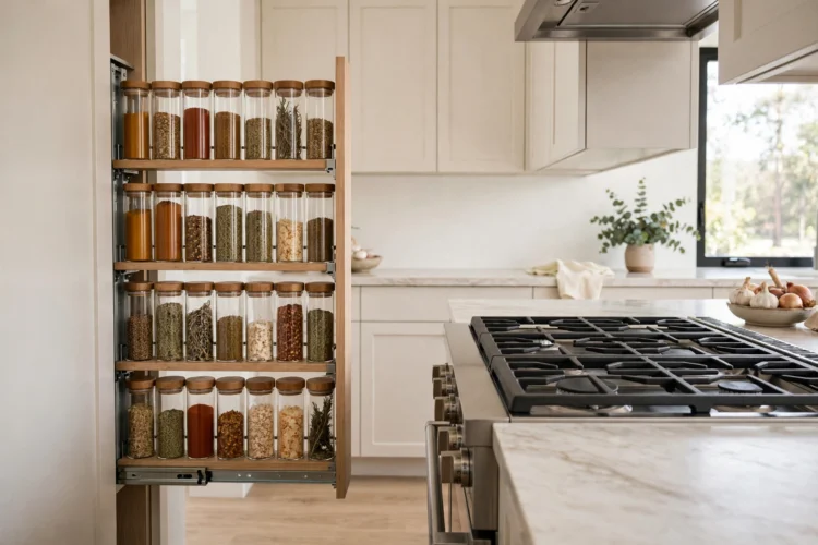 Pull-out spice rack sliding from a narrow kitchen cabinet