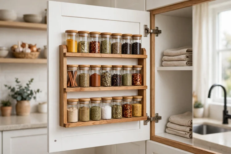 Spice rack mounted on the inside of a cabinet door
