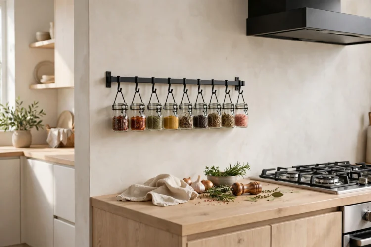 Wall-mounted spice rail with jars beside a kitchen counter