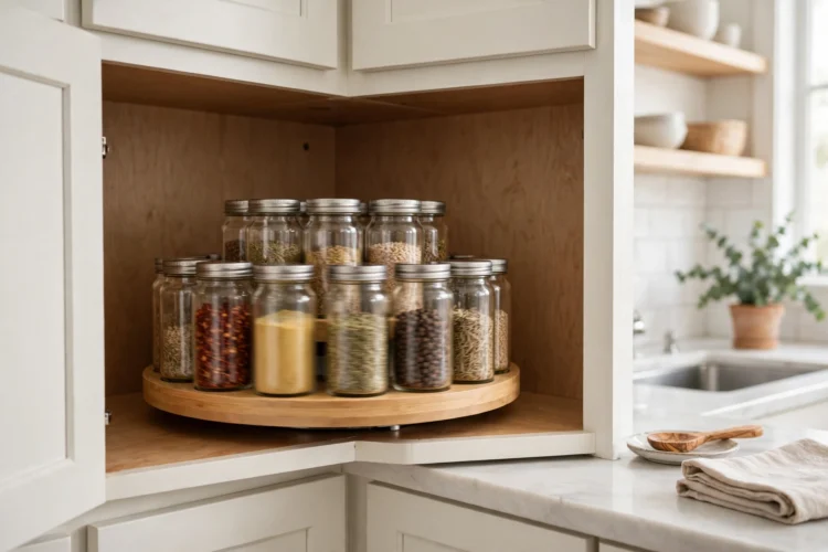 Turntable spice organizer spinning inside a corner cabinet