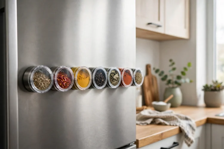 Magnetic spice tins stuck to the side of a refrigerator
