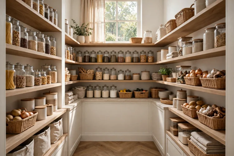 U-shaped walk-in pantry with shelves on three walls