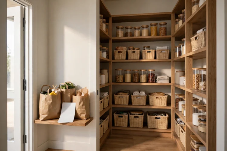 Cool dry walk-in pantry with a landing shelf by the door