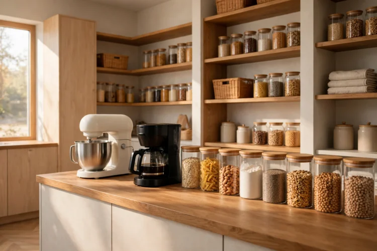 Walk-in pantry counter run with small appliances