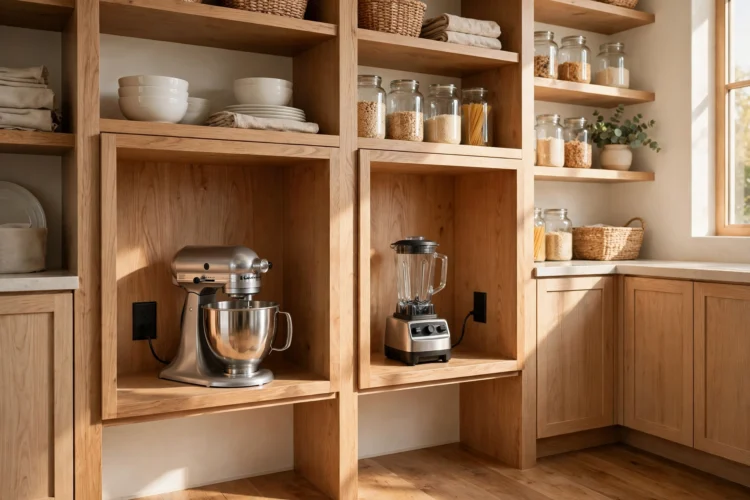 Appliance cubbies with outlets inside a walk-in pantry