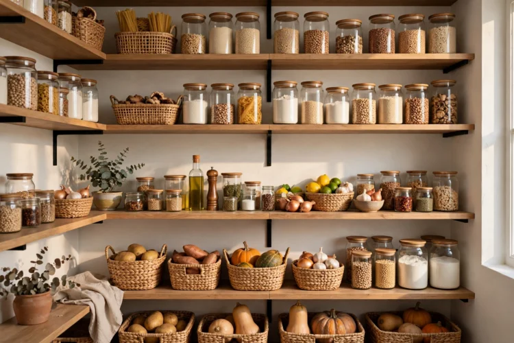 Zoned pantry shelves arranged by how often food is used