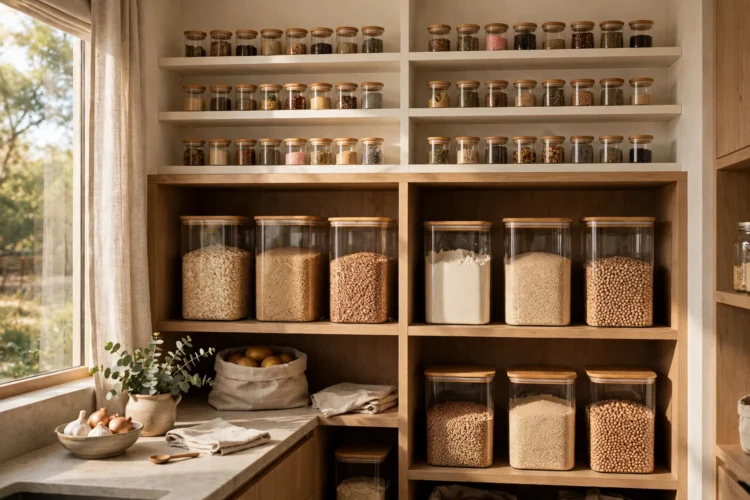 Deep and shallow pantry shelves holding bulk goods and jars