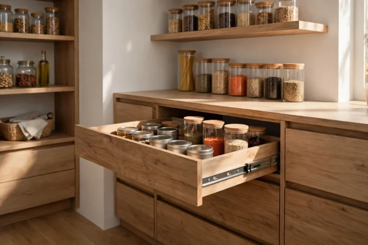 Pull-out drawers inside a walk-in pantry