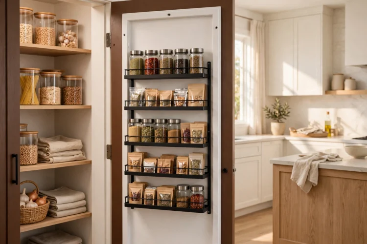 Slim storage rack on the back of a pantry door
