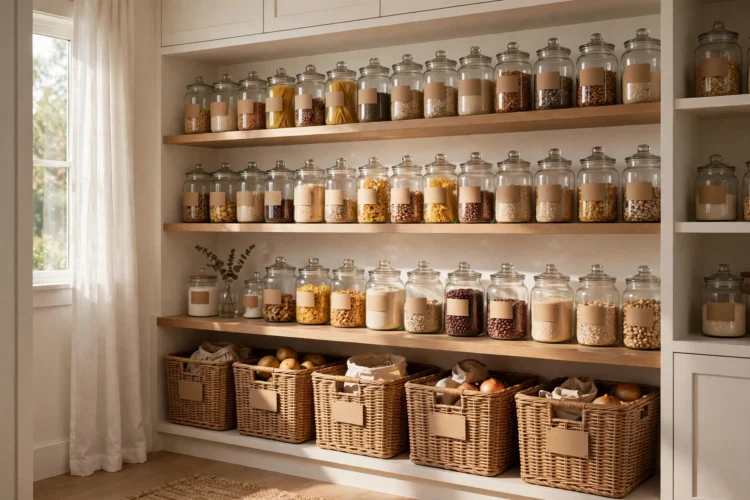 Labeled bins and clear jars in a walk-in pantry