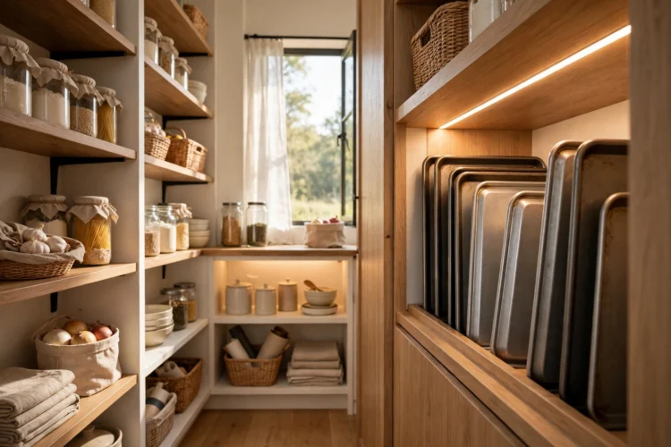 Baking trays stored upright with under-shelf lighting