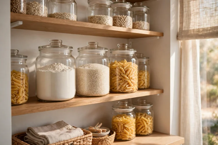 Clear labeled containers decanted on pantry shelves