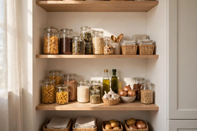 Pantry shelves zoned by meal with breakfast at eye level