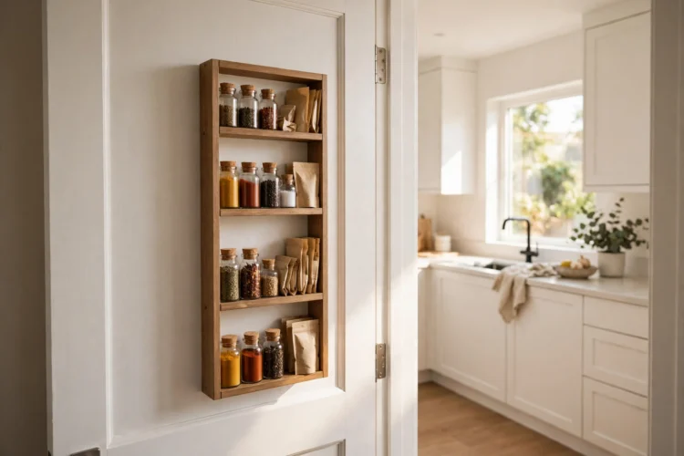 Slim spice rack on the back of a pantry door