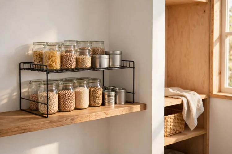 Half shelf and riser doubling jar storage in a small pantry