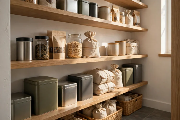 Heavy tins on low shelves and daily items at eye level