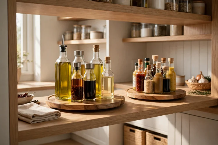 Turntable holding oils and sauces on a pantry shelf