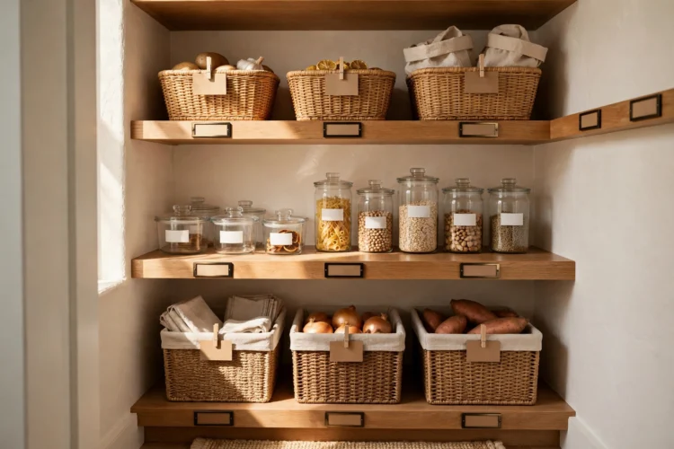 Labeled bins and shelf edge labels in a small pantry