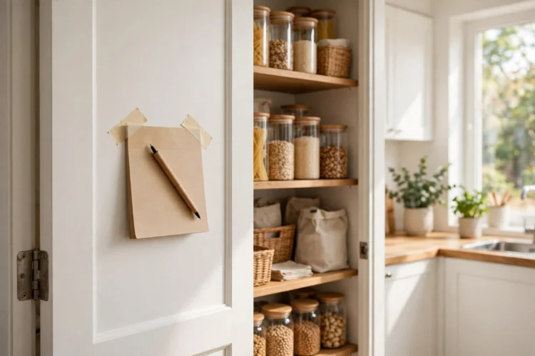 Restock list on the inside of a pantry door
