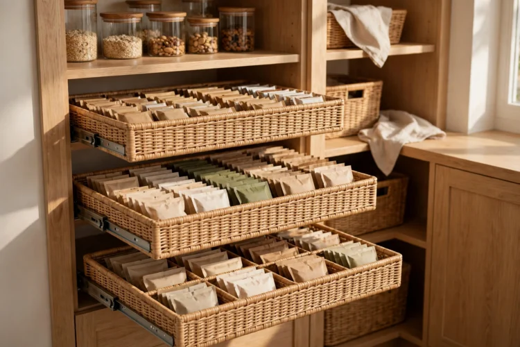 Pull-out baskets grouping small packets in a pantry