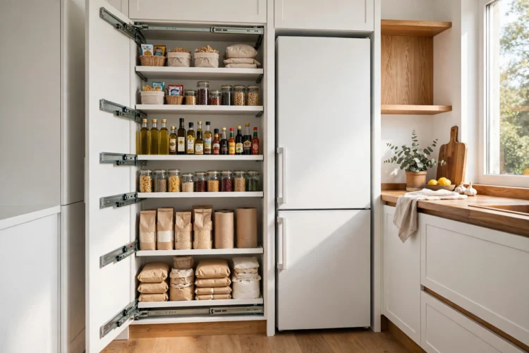 Tall pull out pantry beside a fridge in a narrow kitchen