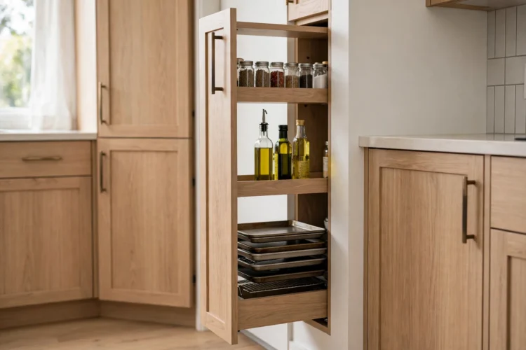 Slim filler pull out pantry in a six-inch kitchen gap