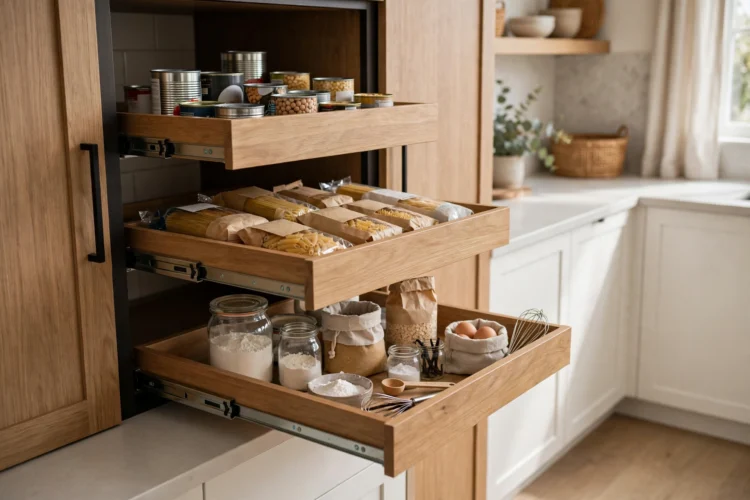 Pull out pantry shelves sliding from a kitchen cabinet