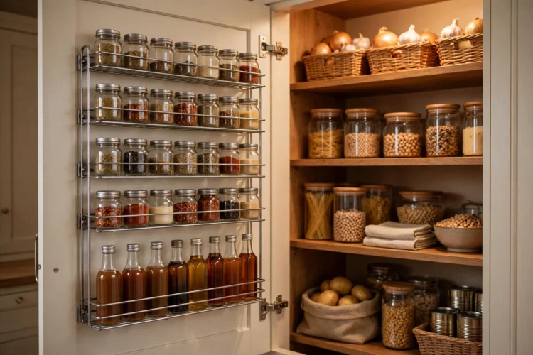 Door-mounted spice rack inside a pantry cabinet