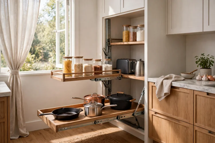 Corner pull out pantry shelves in a kitchen corner