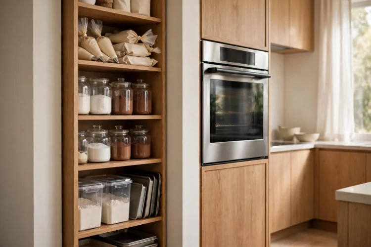 Narrow pantry tower with baking supplies and flour bins