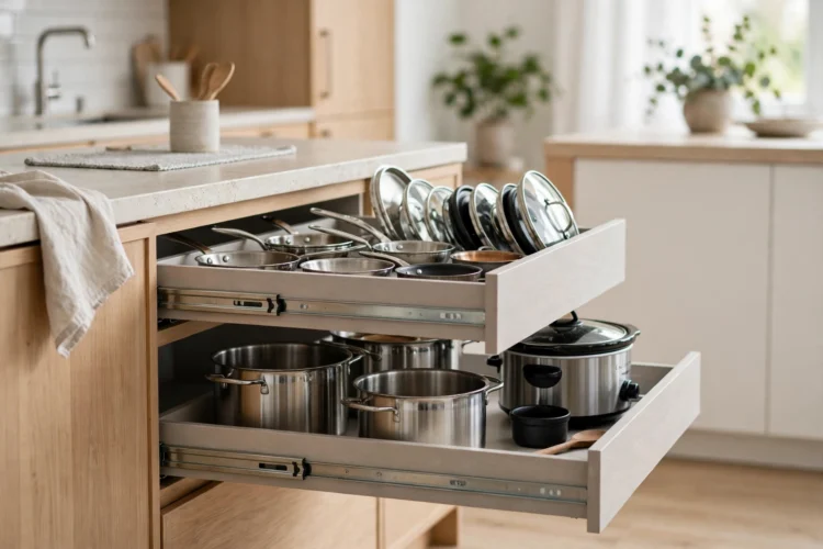 Two-tier pull out drawers under a kitchen worktop