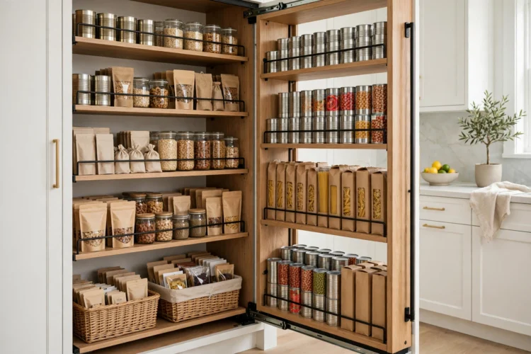 Pull out pantry with cans and dry goods in rows