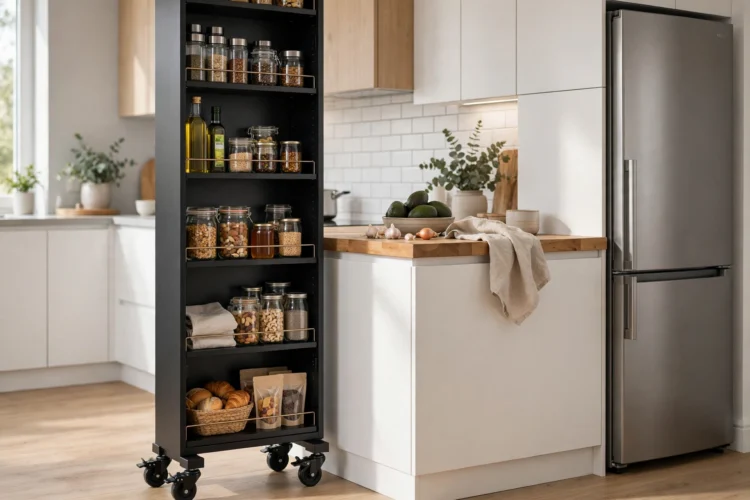 Freestanding slim pantry tower on castors beside a counter