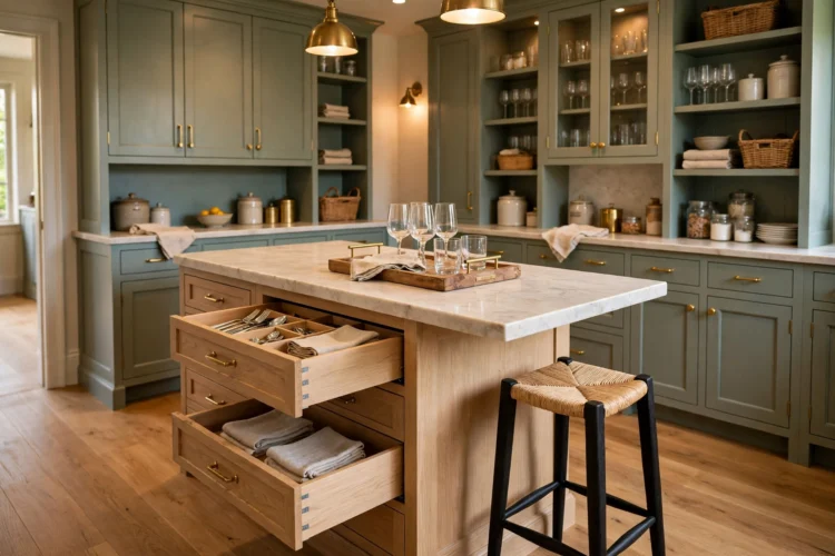 Small island for serving in a wide butler pantry