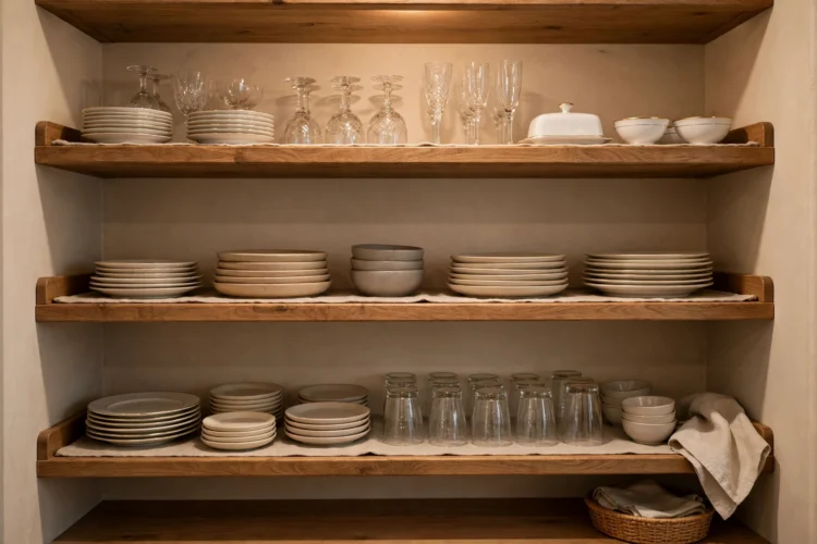 Open shelving with dishes and glassware in a butler pantry