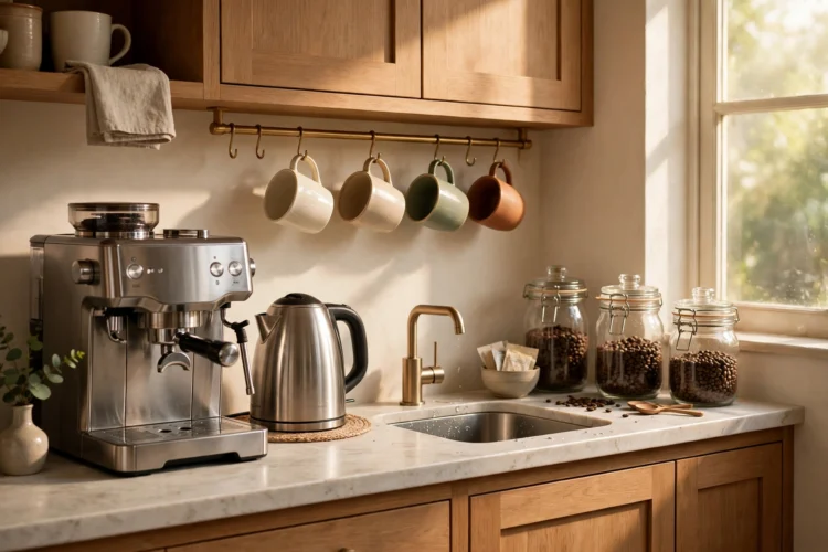 Coffee and tea station on a butler pantry counter
