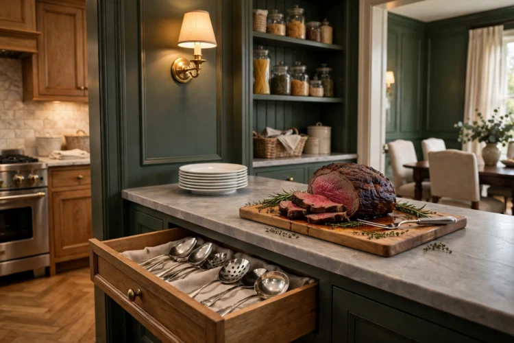 Serving counter with plates and a carving board in a pantry