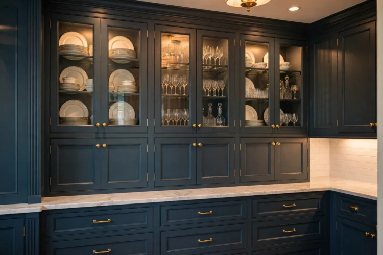 Closed cabinets with formal china in a butler pantry