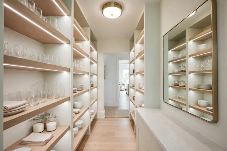 Bright butler pantry with under-shelf lighting and a clear walkway