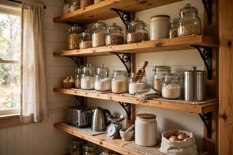Solid wood pantry shelves holding jars and canisters