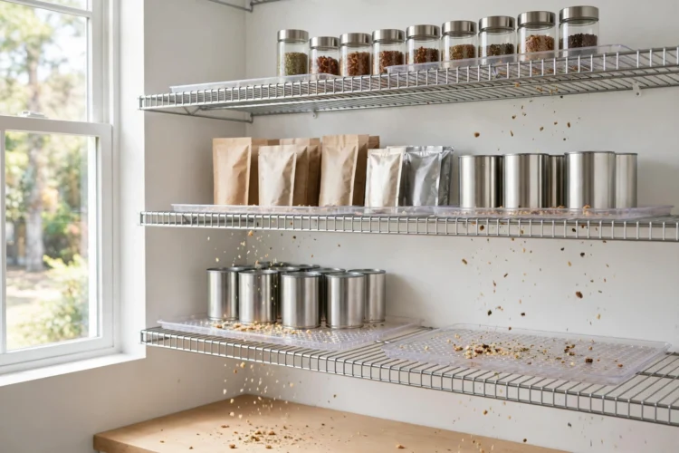 Wire pantry shelving with good airflow and easy cleaning